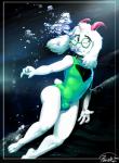 anthro antlers barefoot bubble bulge clothed clothing crossdressing detailed_bulge eyewear feet fur glasses horn male one-piece_swimsuit simple_background smile solo swimming swimwear underwater water white_body white_fur byondrage deltarune undertale_(series) ralsei bovid caprine goat mammal 2019 absurd_res hi_res