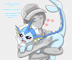 5_fingers ambiguous_gender blush bodily_fluids crying cuddling duo eyes_closed feral fingers heart_symbol hug open_mouth profanity raised_tail simple_background tail tears text docsye nintendo pokemon pokemon_trainer eeveelution generation_1_pokemon human mammal pokemon_(species) vaporeon 6:5 absurd_res english_text hi_res lol_comments
