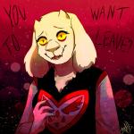 alternate_universe anthro clothing dialogue fangs horn long_ears pupils red_pupils robe smile solo teeth text tongue yellow_eyes sleepsmcartist underfell undertale undertale_(series) toriel_(underfell) boss_monster_(undertale) bovid caprine mammal 1:1 english_text signature watermark