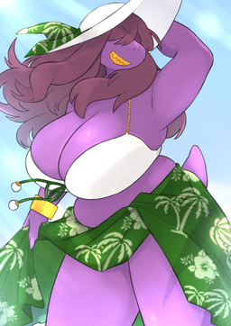 anthro belly big_breasts bikini bikini_top bottomwear bracelet breasts brown_hair cleavage clothed clothing female female_anthro flower green_bottomwear green_clothing green_skirt hair hair_over_eyes hand_on_head hat headgear headwear hibiscus holding_bottomwear holding_clothing holding_object holding_skirt huge_breasts jewelry mature_anthro mature_female palm_tree_print plant pose print_bottomwear print_clothing print_skirt purple_body sharp_teeth skirt solo sun_hat swimwear tail teeth thick_thighs toothy_smile two-piece_swimsuit white_bikini white_clothing white_hat white_headwear white_swimwear wind yellow_teeth underchikichan deltarune undertale_(series) susie_(deltarune) scalie 2025 colored detailed digital_drawing_(artwork) digital_media_(artwork) hi_res shaded
