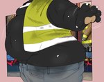 anthro bear belly big_belly big_butt black_body black_fur bottomwear bottomwear_down butt butt_cleavage clothed clothing construction_worker crotch_tuft faceless_character faceless_male fupa fur hadou_(satsui-n0-had0u) hi_res high-vis huge_butt male mammal meme meme_clothing motion_lines obese obese_anthro obese_male open_clothing open_topwear overweight overweight_anthro overweight_male pants pants_down partially_clothed safety_vest sagging_pants satsui-n0-had0u side_view solo sun_bear tight_clothing topwear tuft ursine vest wardrobe_malfunction