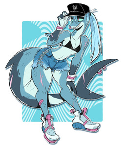 4_fingers accessory anthro bare_shoulders baseball_cap bikini bikini_top biped blue_body blue_hair bottomwear breasts clothed clothed_anthro clothed_female clothing collarbone countershade_face countershade_hands countershade_neck countershade_torso countershading eyeshadow facial_piercing feet female female_anthro fin fin_piercing fingers footwear fully_clothed fully_clothed_anthro fully_clothed_female furgonomics furry-specific_piercing gills gloves_(marking) hair hair_accessory hair_tie hat headgear headwear hotpants jewelry long_tail makeup markings multicolored_body navel non-mammal_breasts non-mammal_hair non-mammal_navel nose_piercing nose_ring notched_fin notched_tail piercing pink_pupils pupils ring_piercing scar scrunchie septum_piercing septum_ring sharp_teeth shoes shorts small_breasts snout solo spots spotted_body spotted_markings spotted_shoulders swimwear tail tail_accessory tail_fin tail_jewelry tail_piercing tail_ring_(piercing) teeth thick_thighs tied_hair toothy_smile two-piece_swimsuit wearing_hat herny jawlene_(herny) fish marine shark hi_res