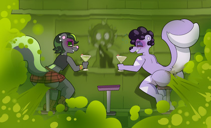 alcohol alternative_fashion anthro bar_counter bar_stool bartender beverage big_butt bite biting_lip blush bodily_fluids bow_tie bubble butt clothing cocktail cocktail_garnish cocktail_glass container counter cup dirty dirty_clothing drinking_glass drunk drunk_bubble ear_piercing fart fart_cloud fart_fetish fart_stain furniture gas_mask glass glass_container glass_cup goth green_fart_cloud group horn male mask nervous nervous_sweat nude nude_male panicking piercing relaxed_expression relieved sitting skunk_tail smelly smelly_butt smug_face stained_clothing stained_fur stink_cloud stink_fumes stool substance_intoxication sweat trio squiddy62 hal_(hal_skunky) stinkbomb_(stinkbombskunk) thunder_thresh_(squiddy62) demon fish hybrid mammal marine mephitid shark skunk hi_res