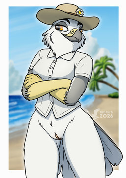 anthro beach blouse bottomless bottomless_female casual_exposure clothed clothing female flower genitals hat headgear headwear mature_female outside plant solo summer sun_hat topwear vulva fish_birb annie_(fish_birb) accipitrid accipitriform avian bird kite_(bird) white-tailed_kite absurd_res hi_res
