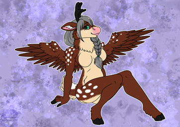 anthro antlers braided_hair breasts feathered_wings feathers female hair hooves horn solo spots velvet_antlers wings arwenscoots conditional_dnp deer mammal new_world_deer reindeer