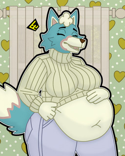 after_vore anthro belly big_belly blue_body blue_fur bottomwear clothing denim denim_bottomwear denim_clothing eyes_closed female fur happy jeans pants smile solo sweater topwear vore weight_gain wulfkyet animal_crossing nintendo skye_(animal_crossing) canid canine canis mammal wolf hi_res