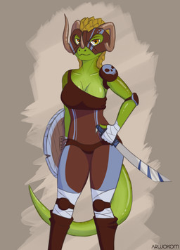 anthro armor bone breasts cleavage clothed clothing female green_body green_skin headgear helmet horn markings melee_weapon non-mammal_breasts shield skull solo standing suit sword tribal tribal_markings warrior weapon arwokom microsoft the_elder_scrolls argonian scalie