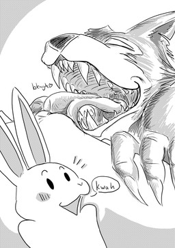 anthro blush cunnilingus dialogue duo fangs female genitals hand_on_leg licking male male/female oral sex smile surprised teeth tongue vaginal vulva dragonweirdo beastars haru_(beastars) legoshi_(beastars) canid canine canis lagomorph leporid mammal rabbit wolf absurd_res comic hi_res monochrome