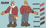 anthro beard belt biped body_hair boots bottomwear brown_nose bulge butt clock clothed clothing color_swatch denim denim_bottomwear denim_clothing eyebrows facial_hair footwear fully_clothed fur halftone halftone_background jacket jeans male orange_body orange_fur pants pattern_background shoes simple_background solo standing tail tan_body tan_fur text topwear watch wristwatch mospy_(artist) adam_(traceur) canid canine fox mammal 2023 digital_media_(artwork) english_text hi_res model_sheet