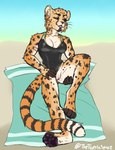 anthro big_breasts blep breasts clothing female genitals in_heat muscular narrowed_eyes paws pussy raised_leg revealing_clothes solo swimwear tongue tongue_out whiskers tigerinspace djikki cheetah felid feline mammal absurd_res hi_res mother_(lore) parent_(lore)