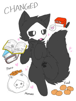ambiguous_gender anthro black_body black_fur black_sclera black_tail blep bone bone_mask book dark_body daww food fruit fur mask math pawpads paws pen plant science skull skull_mask solo tail tangerine_(fruit) text tongue tongue_out young young_anthro chano changed_(video_game) puro_(changed) canid canine canis dark_latex mammal wolf 2018 3:4 english_text hi_res