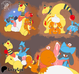 anal anal_penetration anthro balls blush bodily_fluids cum erection genital_fluids genitals group heart_eyes heart_symbol knot male male/male male_penetrated male_penetrating male_penetrating_male oral orange_body penetration penis scarf sex simple_background size_difference tail trio yellow_body lxzylux nintendo pokemon ampharos charmander generation_1_pokemon generation_2_pokemon generation_4_pokemon pokemon_(species) riolu absurd_res digital_media_(artwork) hi_res