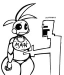 anthro black_sclera black_text breasts clothing crop_top duo eyelashes female female_anthro head_tuft looking_at_another machine male male/female male_human medium_breasts open_mouth open_smile pointing_at_belly print_clothing print_crop_top print_shirt print_topwear shirt simple_background smile standing text text_on_crop_top thick_thighs thong topwear tuft underwear white_background white_eyes wide_hipped_anthro wide_hipped_female wide_hips worried_look nanodude78 five_nights_at_freddy's five_nights_at_freddy's_2 scottgames yummers toy_chica_(fnaf) william_afton_(fnaf) animatronic avian bird chicken galliform gallus_(genus) human mammal phasianid robot robot_anthro 2025 digital_drawing_(artwork) digital_media_(artwork) hi_res
