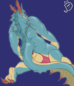 anthro anus balls claws dark_sclera fin frill_(anatomy) genitals grin grinning_at_viewer horn looking_back male multicolored_body nude penis scales simple_background smile smiling_at_viewer solo tail tail_fin two_tone_body donisette capcom monster_hunter mythology aquatic dragon lagiacrus leviathan_(mh) mythological_creature mythological_scalie scalie absurd_res hi_res