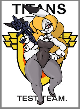 4_fingers anthro biped black_clothing black_footwear black_leotard black_shoes blonde_hair breasts cleavage clothed clothing cotton_tail dipstick_ears ear_markings eyelashes female fingers flats_(shoes) footwear fur gun hair hair_over_eye hand_on_hip hand_on_own_hip holding_gun holding_object holding_ranged_weapon holding_weapon legwear leotard markings medium_breasts multicolored_ears navel_outline pantyhose pose ranged_weapon red_eyes shirt_collar shirt_cuffs shoes solo tail thick_thighs weapon white_body white_ears white_fur white_tail blayaden gundam gundam_advance_of_zeta lagomorph leporid mammal rabbit hi_res pinup