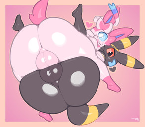 3_toes anthro anthro_on_anthro anthrofied backsack balls balls_touching big_butt big_tail black_body black_eyes black_perineum black_skin blue_sclera border bow_(feature) butt butt_stack closed_smile curvy_figure duo feet femboy fur genital_raphe genitals glistening glistening_balls glistening_body glistening_butt glistening_eyes glistening_feet glistening_genitalia glistening_legs glistening_perineum glistening_skin glistening_tail glistening_thighs holding_another huge_butt humanoid_genitalia leg_markings looking_back lying_on_another male male/male markings mouth_closed multicolored_body multicolored_ears multicolored_skin nude on_another open_mouth perineum pink_body pink_fur pink_markings pink_perineum pink_skin pink_tail pokemorph raphe_(anatomy) rear_view red_sclera scrotal_raphe simple_background small_tail smile socks_(marking) tail tan_border tendrils text thick_thighs toes two_tone_body two_tone_ears two_tone_skin two_tone_tail white_body white_eyes white_skin wide_hips yellow_markings frumples nintendo pokemon eeveelution generation_2_pokemon generation_6_pokemon mammal pokemon_(species) sylveon umbreon 2026 artist_name colored dated digital_drawing_(artwork) digital_media_(artwork) english_text hi_res shaded signature