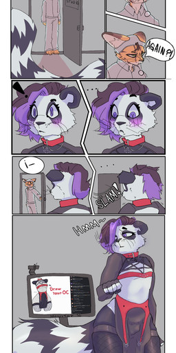 annoyed anthro beanie black_eyeshadow black_top bottomwear clothed clothing collar computer_screen crop_top dialogue door door_slam duo electronics eyeshadow fishnet_clothing fishnet_legwear fishnet_stockings fur green_eyes grey_beanie grey_clothing grey_hat grey_headwear hair hand_on_hip harness hat headgear headwear hoodie horn inside legwear makeup male markings meta midriff monitor multiple_panels orange_body orange_fur pants purple_eyes purple_hair red_accents red_collar seductive shirt solo speech_bubble striped_markings striped_tail stripes suggestive surprised tail tail_markings text topwear white_body white_fur matiih ikyu_brae(matiih) matthew_sano_(matiih) bear domestic_cat felid feline felis giant_panda mammal serval tabby_cat absurd_res comic english_text hi_res