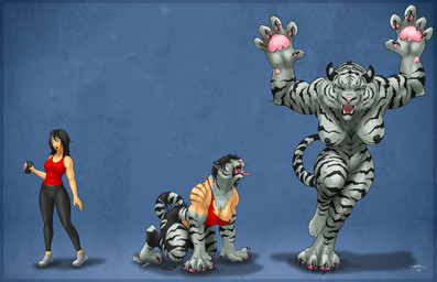 all_fours anthro barely_visible_genitalia barely_visible_vulva base_one_layout basic_sequence biped black_hair body_size_growth bottomwear breasts claws clothing electronics female footwear genitals growth hair human_to_anthro linear_sequence looking_at_viewer muscular muscular_anthro muscular_female nipple_outline nipples nude on_one_leg one_row_layout pants pawpads pecs pecs_with_breasts phone shoes size_transformation solo species_transformation standing surprised three_frame_image three_frame_sequence torn_clothing transformation transformation_sequence vulva zibyr felid human mammal pantherine tiger 2019 sequence