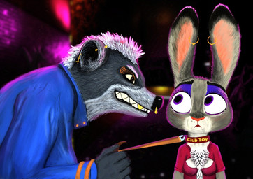 backlighting bared_teeth breasts chest_tuft cleavage clothed clothing collar female gold_(metal) gold_tooth leash leash_pull leashed_collar light long_ears makeup male nightclub piercing rape_face side_view teeth tuft rackuur disney zootopia judy_hopps karen_(zootopia) badger european_rabbit honey_badger lagomorph leporid mammal mustelid musteline oryctolagus rabbit 2025 lighting