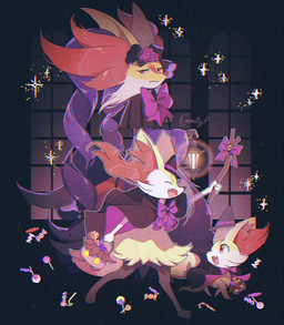 ambiguous_gender anthro bow_ribbon candy clothing dessert eyelashes eyes_closed fangs feral fingers food fur group hat headgear headwear holidays inner_ear_fluff lamp lantern lollipop multicolored_body open_mouth orange_body orange_eyes orange_fur paws teeth tongue trio tuft white_body white_fur witch_hat yellow_body yellow_fur umearamy halloween nintendo pokemon braixen fennekin generation_6_pokemon generation_9_pokemon mega_delphox mega_evolution pokemon_(species) 2025 digital_media_(artwork) hi_res signature