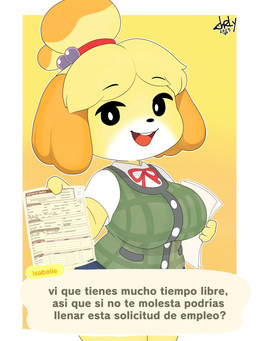 anthro big_breasts black_eyes black_nose blue_bottomwear blue_clothing blue_skirt border bottomwear breasts clothed clothing dialogue female floppy_ears front_view fur green_clothing green_topwear green_vest job_application looking_at_viewer lop_ears open_mouth open_smile orange_body orange_fur simple_background skirt smile solo talking_to_viewer text thick_thighs topwear vest white_body white_border white_clothing white_fur white_topwear wide_hips yellow_background yellow_body yellow_fur charlysf_uwu animal_crossing nintendo isabelle_(animal_crossing) canid canine canis domestic_dog mammal shih_tzu toy_dog 3:4 hi_res