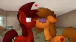 brown_hair duo eyes_closed female feral hair heart_symbol kissing kissing_cheek love male one_eye_closed orange_body pen pencil_(object) red_body red_eyes red_hair window marsminer hasbro my_little_pony fan_character mars_miner venus_spring earth_pony equid equine horse mammal pony digital_media_(artwork) hi_res