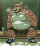 anthro bodily_fluids bottomwear clothing eyes_closed kemono male mature_male overweight overweight_male shirt shorts sitting solo sweat topwear hon55728 bear mammal 2025 hi_res