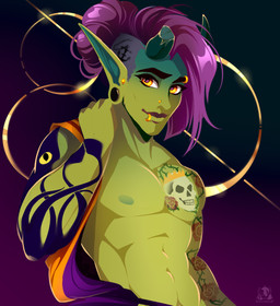 abs amber_eyes eyebrows eyelashes green_body green_skin hair horn humanoid_pointy_ears male nipples not_furry piercing pointy_ears purple_hair simple_background solo tattoo pacevanrign humanoid orc 2021 digital_media_(artwork) hi_res signature