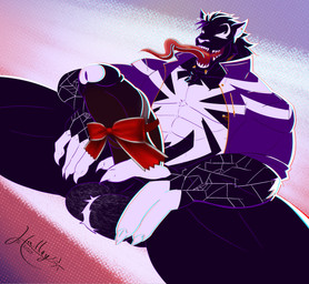 balls black_body black_fur body_hair clothing ear_piercing fur genitals gift_wrapped hairy_balls holding_penis jacket male muscular penis piercing pubes solo tongue tongue_out tongue_piercing topwear uproar_(halley_karillion) white_body white_fur halley_karillion marvel fan_character venom_(marvel) alien felid feline mammal symbiote hi_res