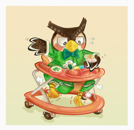ageplay anthro baby_walker biped border bow_tie brown_body brown_feathers clothed clothing diaper diaper_under_clothing diaper_under_onesie embarrassed feathers green_bow_tie green_onesie infantilism male onesie roleplay simple_background solo struggling wearing_diaper white_border hammockcowboy animal_crossing nintendo blathers_(animal_crossing) avian bird owl 2025 digital_media_(artwork) hi_res