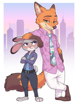 3_toes 4_fingers accessory aloha_necktie aloha_shirt angry anthro belt blue_body blue_skin blush bottomwear city city_background closed_smile clothing duo feet female fingers fur green_eyes grey_body grey_bottomwear grey_clothing grey_ears grey_fur grey_nose grey_pants grey_tail jacket male male/female mouth_closed necktie orange_body orange_fur orange_skin orange_tail pants pattern_clothing pattern_shirt pattern_topwear pink_clothing pink_nose pink_shirt pink_topwear purple_clothing purple_eyes purple_jacket purple_topwear shirt smile tail toes topwear white_bottomwear white_clothing white_pants meircmei disney zootopia judy_hopps nick_wilde canid canine fox lagomorph leporid mammal rabbit red_fox true_fox absurd_res hi_res signature