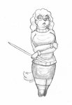 5_fingers anthro bottomwear breasts clothed clothing eyebrows eyewear female fingers fur glasses hair holding_object open_mouth shirt skirt solo standing tail topwear meowmere canid canine canis domestic_dog mammal absurd_res hi_res monochrome