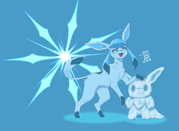 ambiguous_gender back_markings blue_background blue_body blue_sclera chest_tuft diamond_(marking) feral flat_tail happy markings multicolored_body on_hind_legs open_mouth simple_background snowflake snowman solo teeth tongue tuft two_tone_body white_eyes pom_pom(artist) nintendo pokemon eevee eeveelution generation_1_pokemon generation_4_pokemon glaceon pokemon_(species) 2026 absurd_res dated hi_res signature