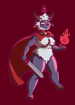 anthro cape cape_only clothing collar female horn magic melee_weapon mostly_nude solo sword weapon reptilian_boxer cult_of_the_lamb massive_monster_(studio) lamb_(cult_of_the_lamb) red_crown_(cult_of_the_lamb) bovid caprine mammal sheep hi_res