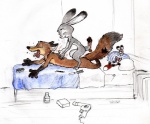 anthro backrub bed breasts brush dryer duo eyes_closed female furniture hair_dryer long_ears male nude open_mouth pillow pink_nose plushie scratching simple_background small_breasts tongue tongue_out avoid_posting steve_gallacci disney zootopia judy_hopps nick_wilde canid canine fox lagomorph leporid mammal rabbit red_fox true_fox 2016 traditional_media_(artwork)