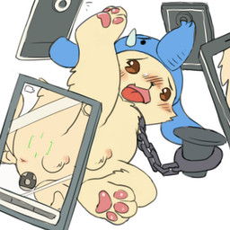 3_toes anthro anus balls blush bound brown_eyes cellphone chain cuff_(restraint) electronics feet fur genitals male nail nude one_leg_up open_mouth penis phone raised_leg restraints shackles shota simple_background solo spread_legs spreading toes white_background yellow_body yellow_fur young young_anthro manmosu_marimo mammal 1:1 2015 digital_media_(artwork)