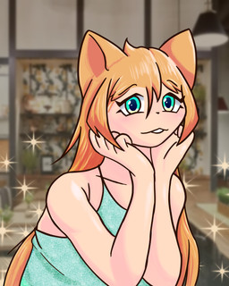 bangs bare_shoulders blonde_hair blue_clothing blue_dress blue_eyes blush clothing dress female green_eyes hair long_hair looking_at_viewer sleeveless_dress smile solo tr1z sophia_(tr1z) animal_humanoid domestic_cat felid felid_humanoid feline feline_humanoid felis humanoid mammal mammal_humanoid hi_res