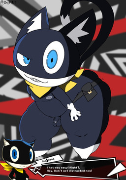 anthro belt black_body black_fur blue_eyes butt fur genitals humanoid_genitalia humanoid_penis kerchief leg_grab looking_at_viewer male markings mask nipples penis shortstack shortstack_male slightly_chubby small_penis smile solo speech_bubble tail tail_markings text thick_thighs thigh_grab white_body white_fur day74art atlus megami_tensei persona_(series) persona_5 sega morgana_(persona) domestic_cat felid feline felis mammal english_text hi_res