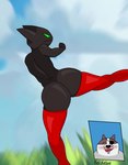 action_pose anthro badger badgerclops big_butt blush bodily_fluids butt cartoon_network clothing determined domestic_cat drooling felid feline felis frown hi_res kick legwear male mammal mao_mao:_heroes_of_pure_heart mostly_nude mustelid musteline pose redxelxet saliva sheriff_mao_mao_mao smile solo stockings thigh_highs
