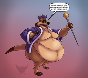 anthro belly big_belly crown dialogue fur headgear king male moobs morbidly_obese obese obese_male overweight overweight_male royalty solo staff tan_body tan_fur text tongue tongue_out weight_gain basicbiscuit disney the_lion_king timon herpestid mammal meerkat english_text