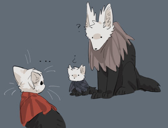 ambiguous_gender black_body black_eyes black_fur black_nose bodily_fluids clothing dot_eyes ellipsis empty_eyes feral fur group inner_ear_fluff looking_at_another paws quadruped question_mark red_clothing simple_background simple_eyes sitting sweat sweatdrop tail trio tuft white_body white_fur aaasakawa hollow_knight_(franchise) team_cherry hollow_knight_(character) hornet_(hollow_knight) the_knight_(hollow_knight) canid canine felid feline mammal female_(lore) half_sister_(lore) sibling_(lore) sister_(lore)