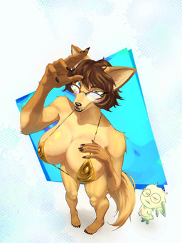 anthro big_breasts bikini bikini_top blue_eyes breasts brown_hair clothing eyewear feet female gesture glasses gold_bikini hair hand_gesture hand_on_breast huge_breasts perspective solo swimwear two-piece_swimsuit wearing_glasses evil_buny golden_week canid canine fox lagomorph leporid mammal rabbit 3:4 absurd_res full-length_portrait hi_res huge_filesize portrait