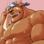 anthro big_muscles brown_body brown_fur brown_hair clothed clothing eyebrows facial_piercing fur hair kerchief looking_at_viewer male muscular muscular_anthro muscular_male nipples nose_piercing nose_ring one_eye_closed pecs piercing ring_piercing solo thick_eyebrows topless wink othukimi lifewonders tokyo_afterschool_summoners asterius_(tas) bovid bovine cattle mammal 1:1 2017 bust_portrait hi_res portrait