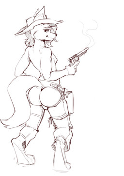 anthro chaps clothed clothing cowboy_hat digitigrade gun handgun hat headgear headwear holster male ranged_weapon revolver solo standing topless weapon elie-s_den canid canine mammal absurd_res hi_res line_art