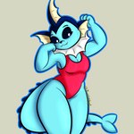 anthro blue_body breasts clothing curvy_figure female medium_breasts one-piece_swimsuit simple_background solo swimwear justahoot nintendo pokemon eeveelution generation_1_pokemon humanoid pokemon_(species) vaporeon 1:1 hi_res