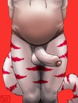 anthro balls big_penis bottomless clothed clothing erection foreskin fur genital_focus genitals glans hoodie hoodie_only humanoid_genitalia humanoid_penis male multicolored_body multicolored_fur penis red_background simple_background slightly_chubby solo striped_body striped_fur stripes topwear topwear_only white_body white_fur hermesdidit domestic_cat felid feline felis mammal 3:4 hi_res