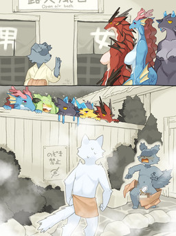 2_horns anthro arm_tuft biped black_horn blue_body blue_horn blush bodily_fluids breasts detailed_background elbow_tuft embarrassed embarrassing_nudity facial_tuft featureless_breasts featureless_chest female fluffy fluffy_ears fluffy_tail fur green_body grey_body grey_ears grey_fur grey_tail group halo_horns heart_symbol hidden_eyes horn hot_spring inside looking_at_another nude pink_eyes plant pupils purple_eyes red_body shrub slit_pupils standing sweat sweatdrop tail text tuft water white_body white_ears white_fur white_tail year yellow_body yellow_eyes yellow_sclera kame_3 i_was_banished_from_the_party_and_became_the_leader_of_the_strongest_female_dragon_party! mythology dark_dragon_(kame_3) fire_dragon_(kame_3) thunder_dragon_(kame_3) traveller_(kame_3) water_dragon_(kame_3) wind_dragon_(kame_3) aquatic aquatic_dragon canid canine canis domestic_dog dragon goo_creature mammal mythological_creature mythological_scalie scalie 2021 absurd_res censored dated digital_media_(artwork) hi_res japanese_text mosaic_censorship shaded translated