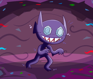 3_fingers 3_toes ambiguous_gender ambiguous_humanoid arms_bent bent_legs chest_gem confetti feet fingers fur gem gem_eyes light noseless open_mouth open_smile pink_tongue purple_body purple_fur sharp_teeth smile solo teeth toes tongue fuposey nintendo pokemon generation_3_pokemon humanoid pokemon_(species) sableye 2025 colored digital_drawing_(artwork) digital_media_(artwork) english_description full-length_portrait lighting portrait shaded