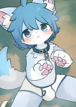 4_fingers anthro blue_body blue_ears blue_eyes blue_hair blush bound briefs bulge chain chain_leash chained chibi clothed clothing collar embarrassed fingers hair happy inner_ear_fluff kemono leash looking_at_viewer male male_anthro open_mouth pawpads paws shy smile solo tuft underwear underwear_only young young_anthro young_male tabiari mikey_(mikey_fox) canid canine fox mammal absurd_res hi_res
