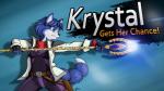 anthro belt black_nose blue_body blue_fur blue_hair clothing female fingerless_gloves fur gloves green_eyes hair handwear jacket magic melee_weapon polearm scarf short_hair solo staff text topwear weapon white_body white_fur atticuskotch nintendo star_fox super_smash_bros. krystal_(star_fox) canid canine fox mammal 16:9 2015 english_text signature widescreen